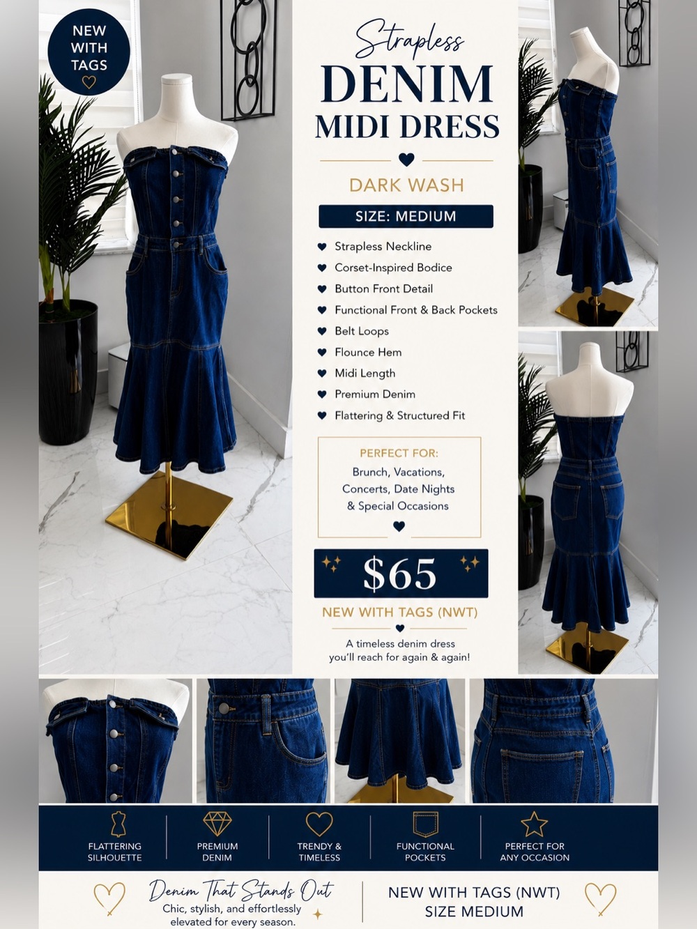 Dark Wash Strapless Denim Midi Skirt Dress